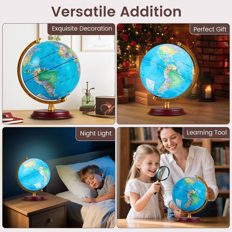 Gymax 8 Inch Illuminated World Globe Night Light up Globe Lamp Wooden
