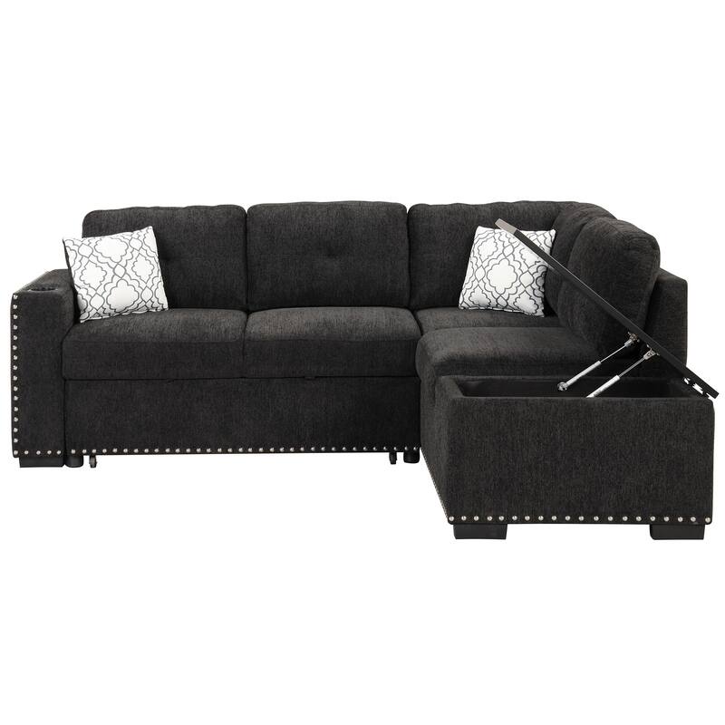83.8'' L-Shaped 4-Seat Sectional Sofa with Pull-Out Bed, Storage Chaise, USB Ports, Power Sockets, and Cup Holders