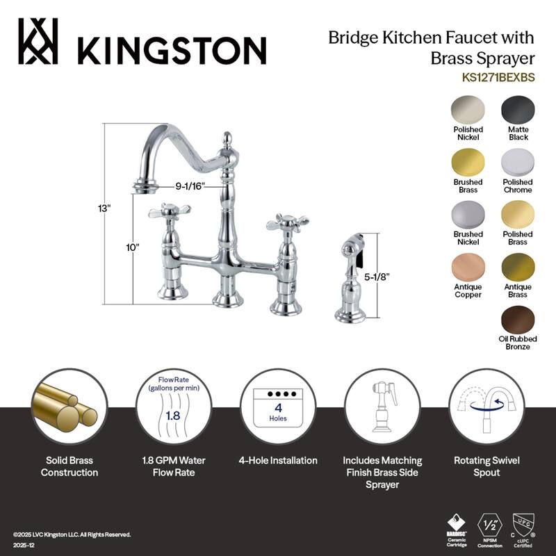 Kingston Brass Essex Bridge Kitchen Faucet with Brass Sprayer