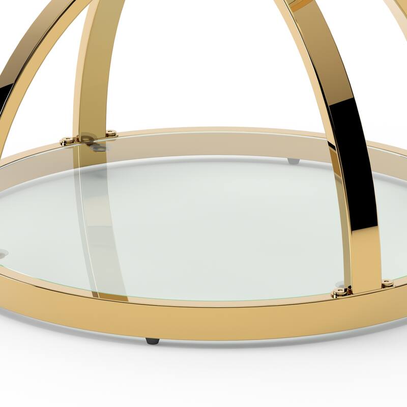 Modern 2 Tiers Glass Coffee Table with Ring-Shaped Metal Frames