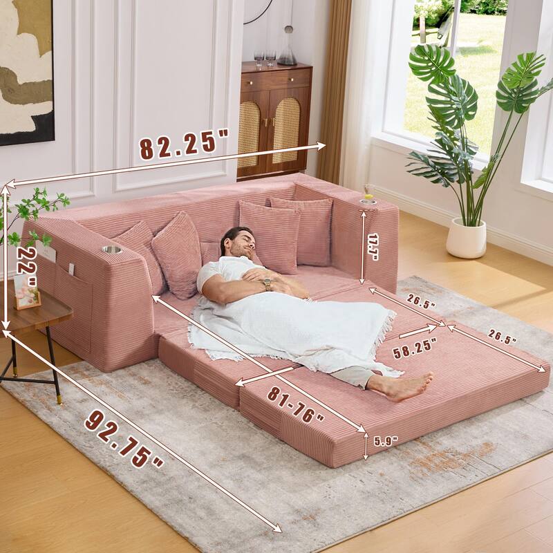 2 in 1 Convertible Sofa Bed, Sleeper Sofa with Storage Pockets, Pull Out Loveseat Couch with Two Cup Holders