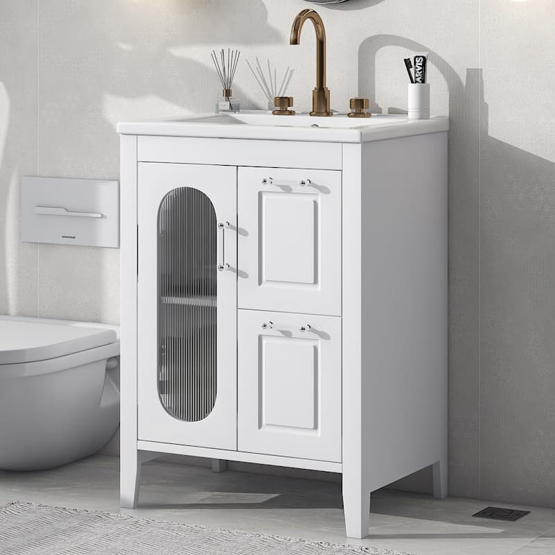 24 in. W x 33 in. H Solid Wood and MDF Bathroom Vanity with Ceramic Sink, Door and Drawers