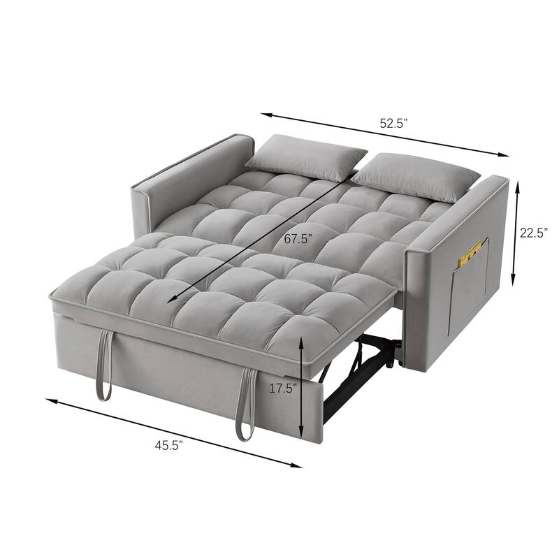 Gray 52.5" Velvet 4-in-1 Loveseat Tufted Pull-Out Sofa Bed with Adjustable Backrest