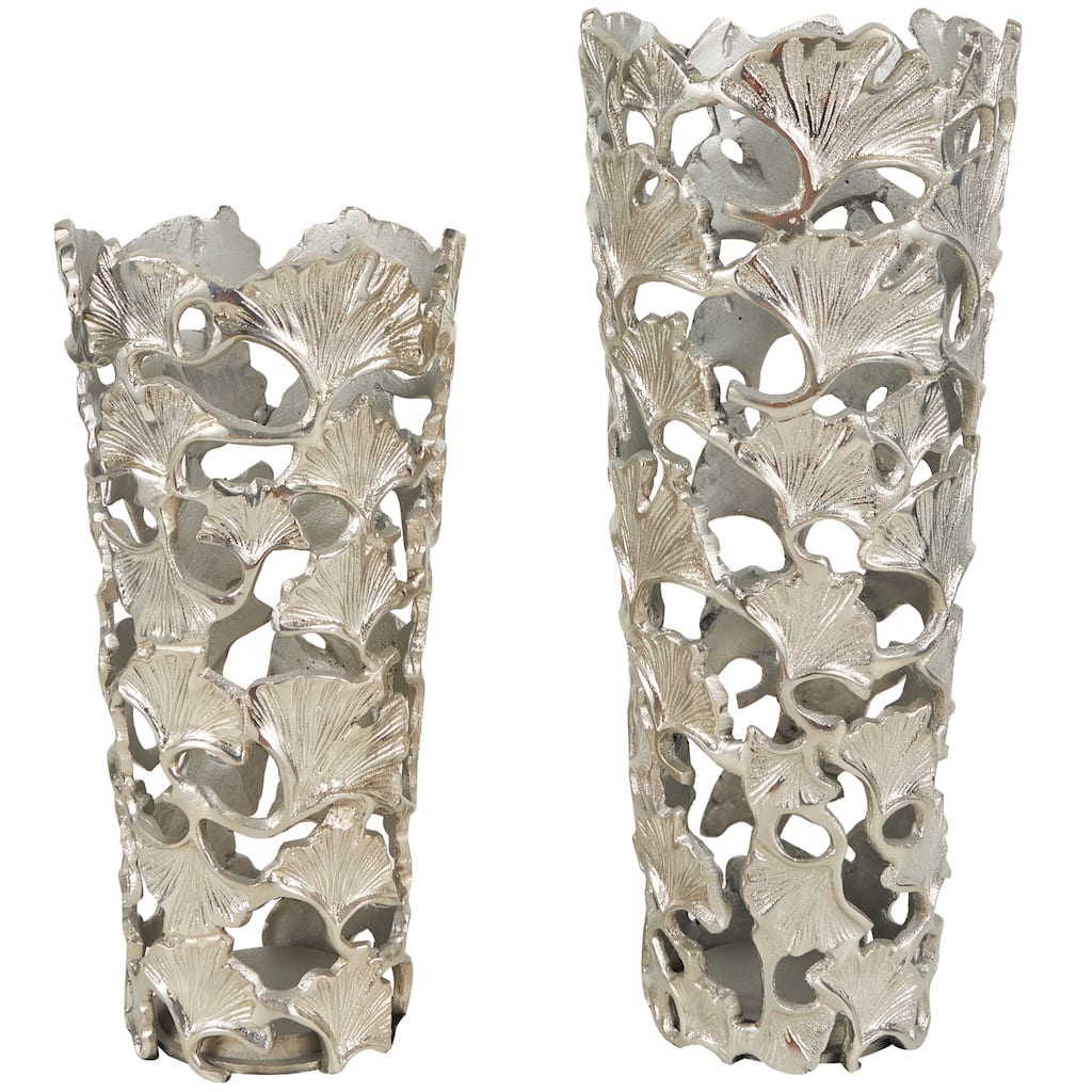 Aluminum Metal Vase with Ginkgo Leaf Design - Set of 2 Silver - Roche River Decor - 8"W x 8"L x 19"H