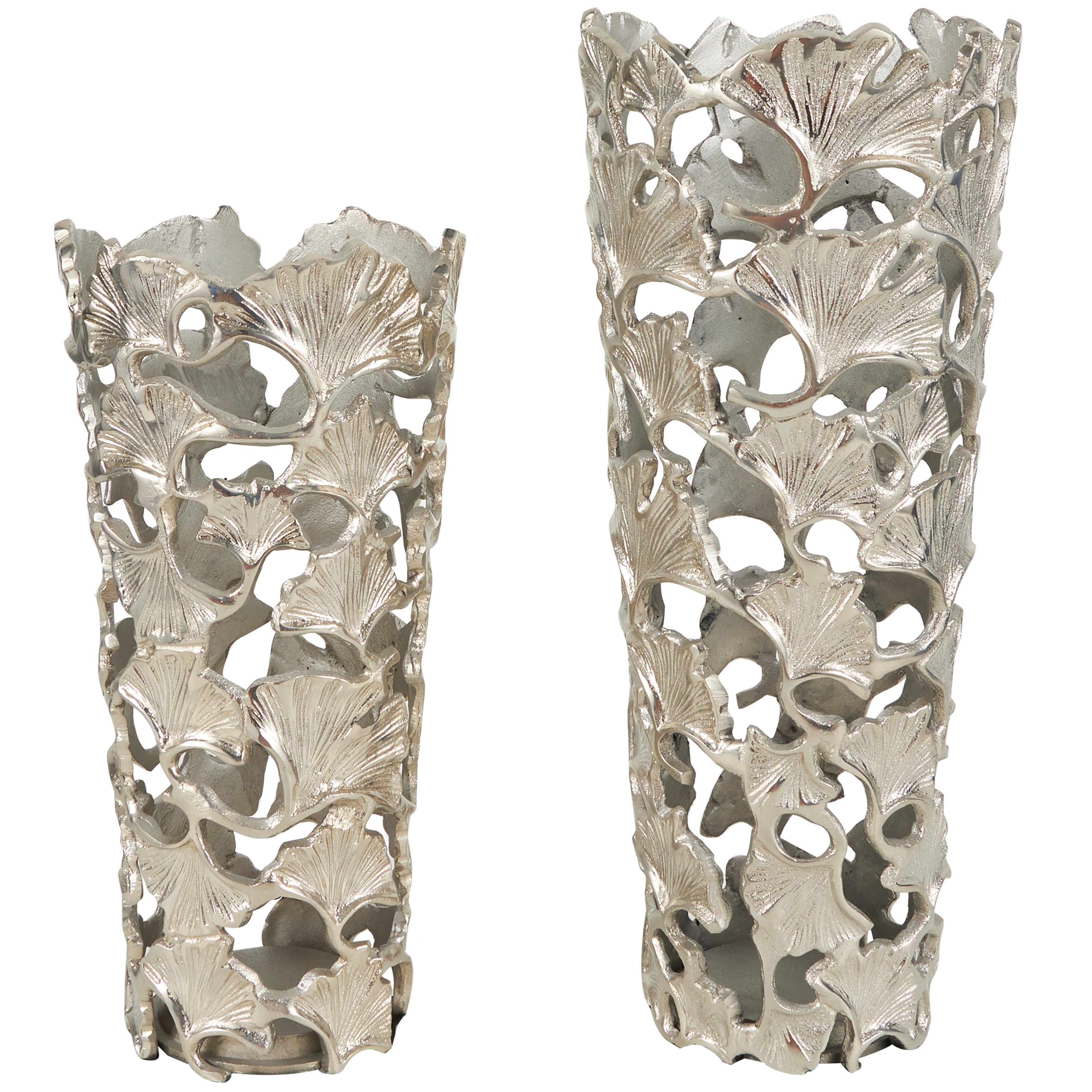 Aluminum Metal Vase with Ginkgo Leaf Design - Set of 2 Silver - Roche River Decor - 8"W x 8"L x 19"H