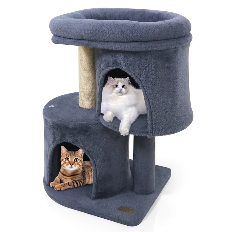 Costway 26” Small Cat Tree with Large Padded Plush Perch, 2 Condos, - See Details - Dark Gray