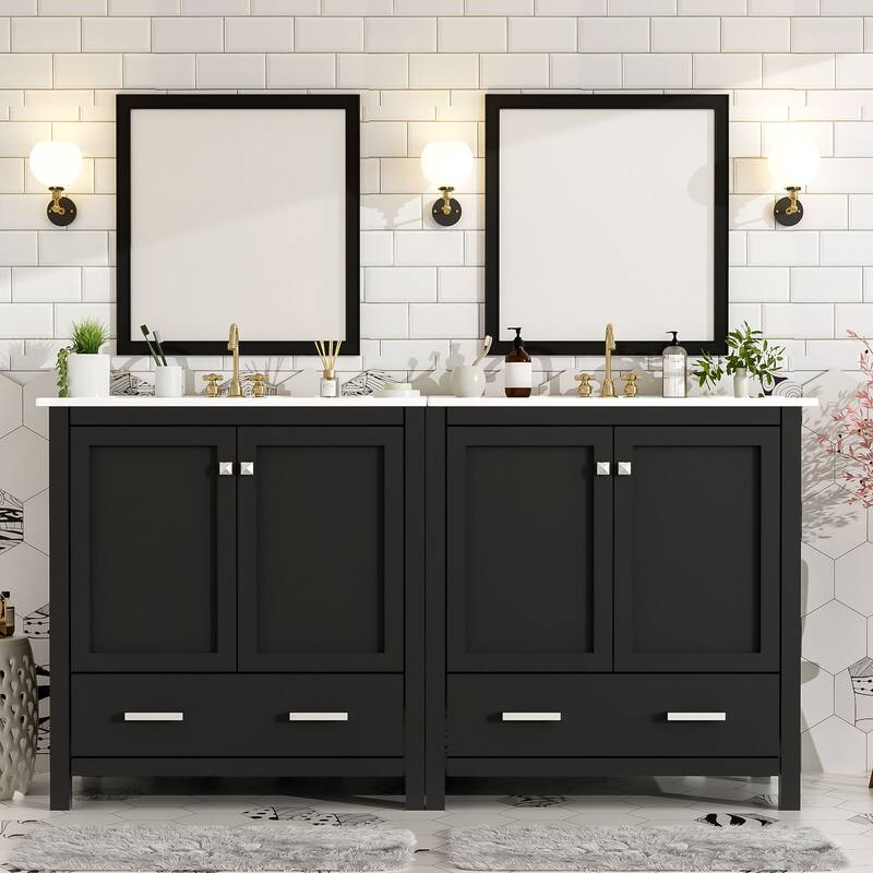 60 Inch Bathroom Vanity with Double Ceramic Sinks, 4 Doors, 2 Drawers, and Divided Storage - Freestanding Design - Black