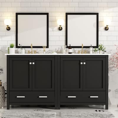 60 Inch Bathroom Vanity with Double Ceramic Sinks, 4 Doors, 2 Drawers, and Divided Storage - Freestanding Design