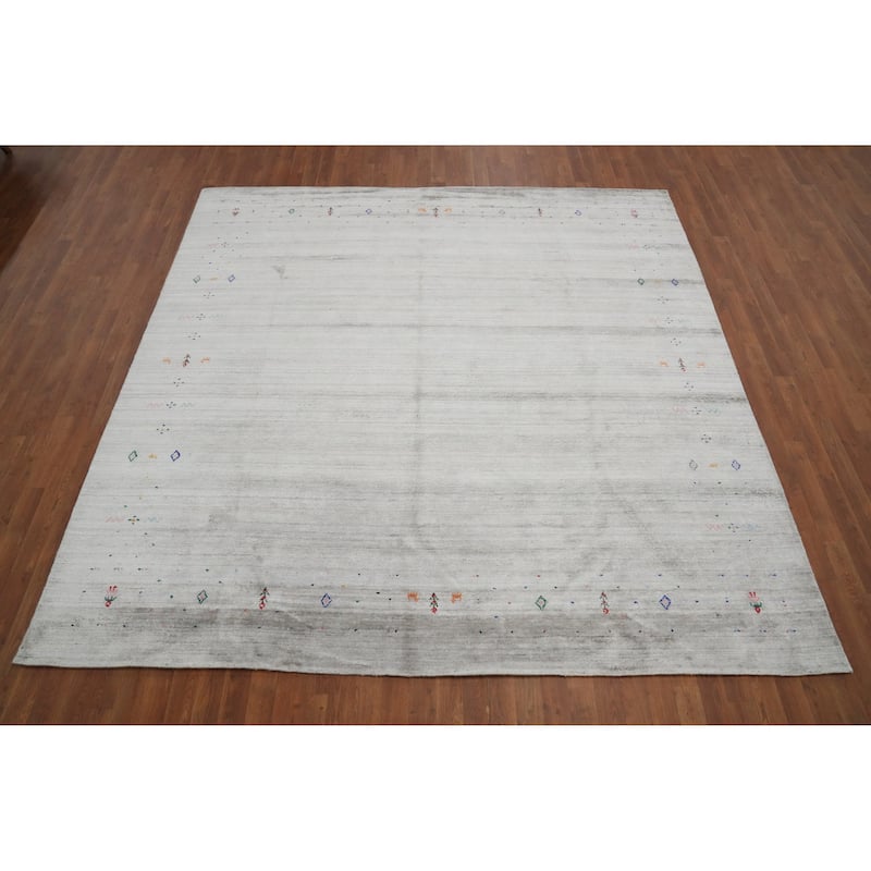 Hand Knotted Oriental Viscose Silk Carpet Tribal Animal Pictorial Greys & Charcoal Gabbeh Area Rug - 8' 9'' X 8' 9''