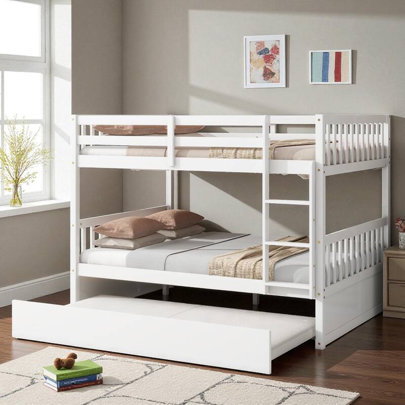 Full Over Full Rubber Wood Bunk Bed with Trundle, Convertible into Two Full Beds, Ladder and Guardrails Included