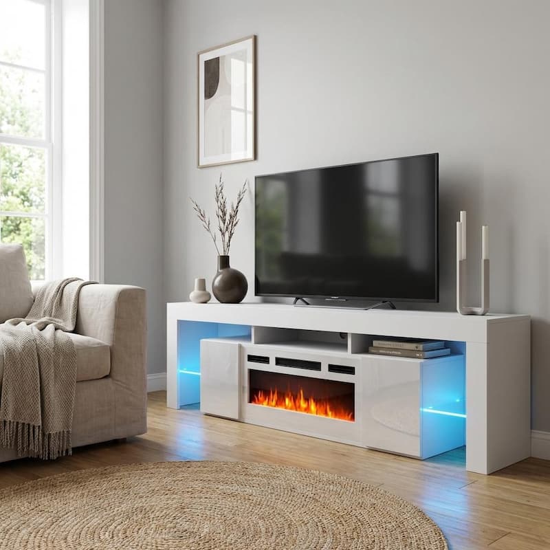 Meble Furniture Soleo WH-EF 79" E-Fireplace TV Stand - Hi-Gloss Entertainment Console with Adjustable