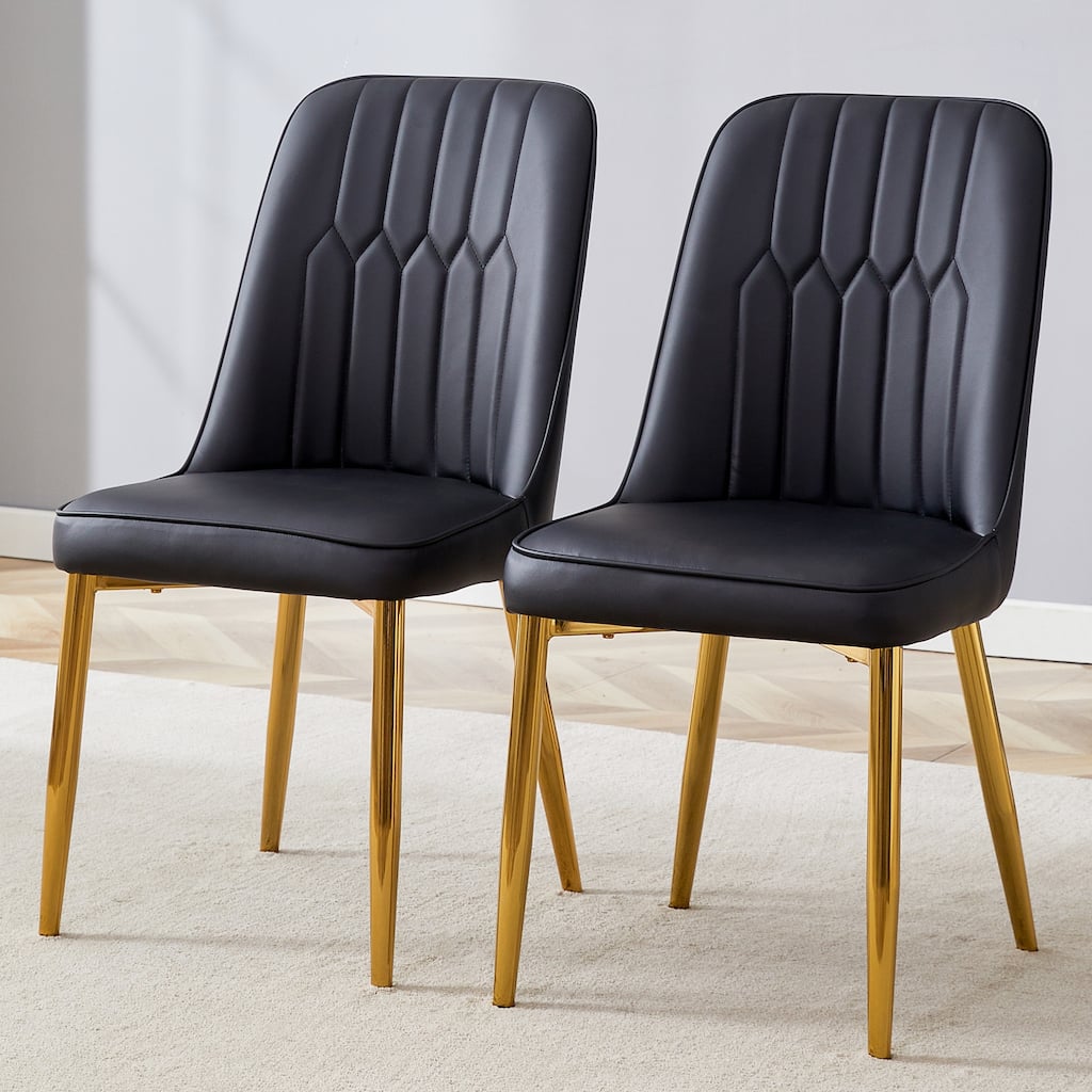 2 modern dining chairs, sleek PU leather backrest, and gold metal legs bring a comfortable home experience