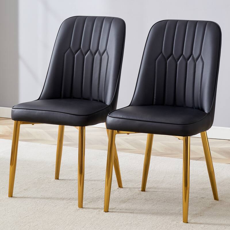 2 modern dining chairs, sleek PU leather backrest, and gold metal legs bring a comfortable home experience - Black+Gold