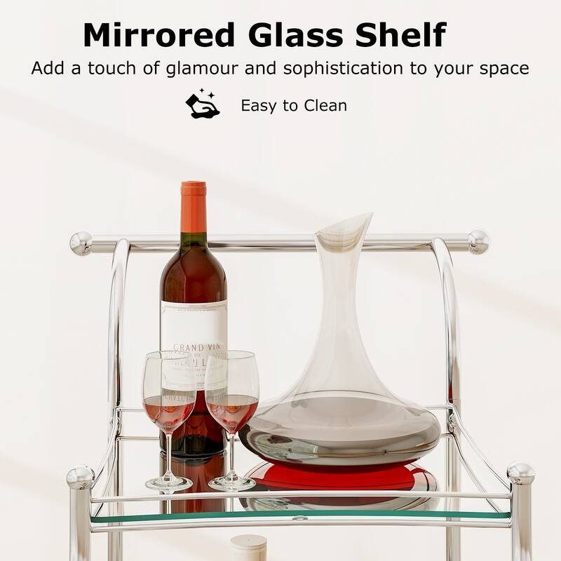 Gymax Bar Cart 3-Tier Home Bar Serving Cart on Wheels w/ Mirrored