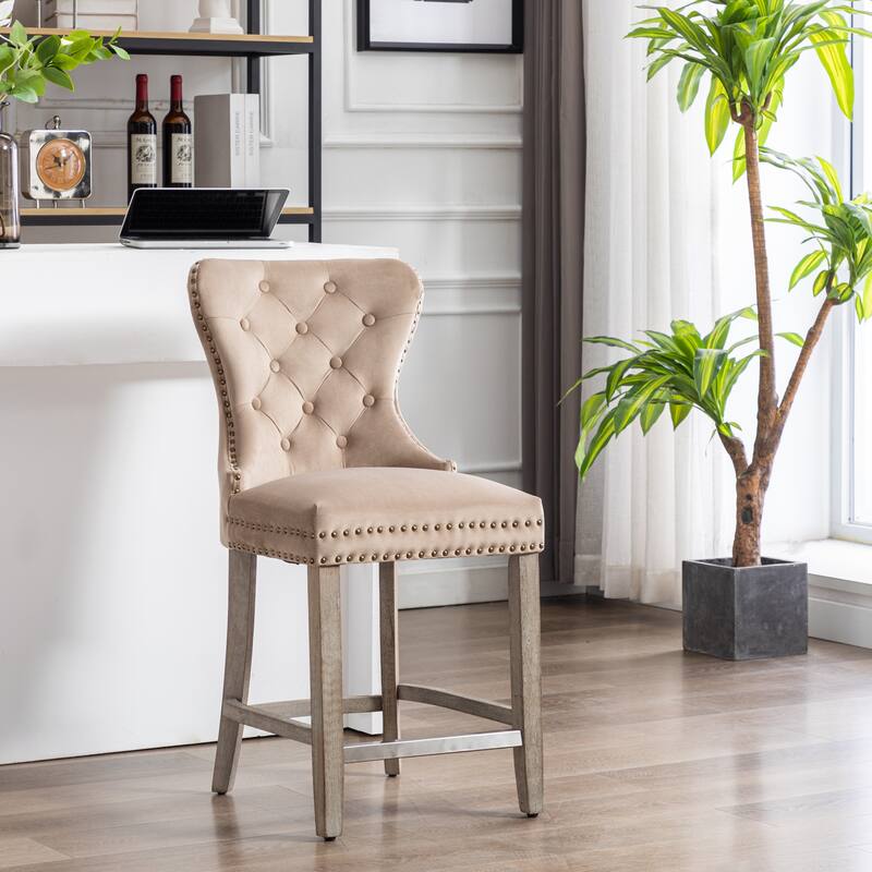 Carter 29" Wingback Tufted Nailhead Bar Stool with Antique Grey Legs