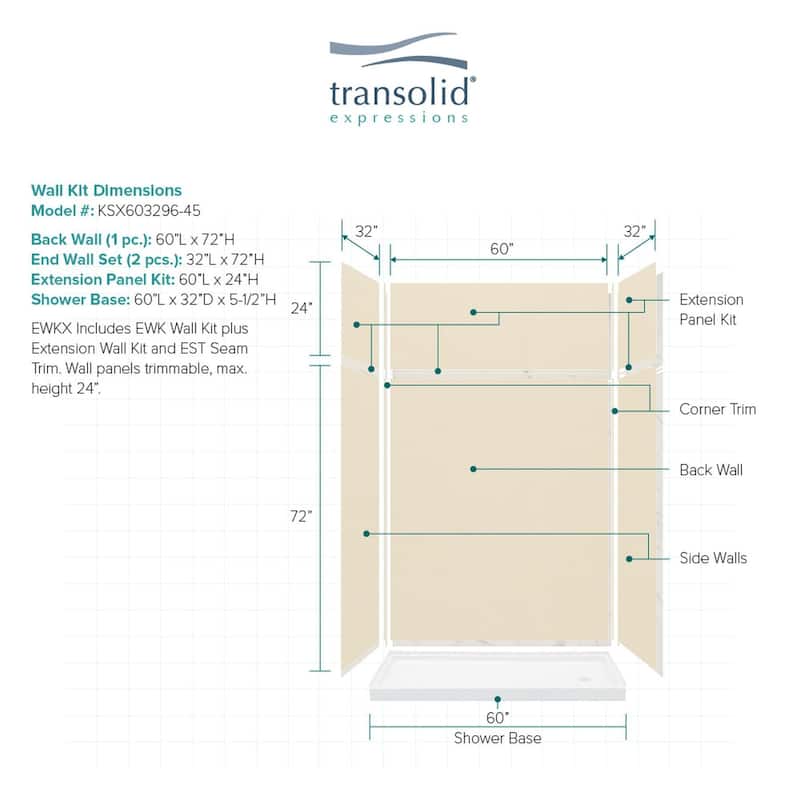 Transolid Expressions 60-in X 32-in X 96-in Glue to Wall Shower Kit - 32" x 60" x 96" - 32" x 60" x 96"
