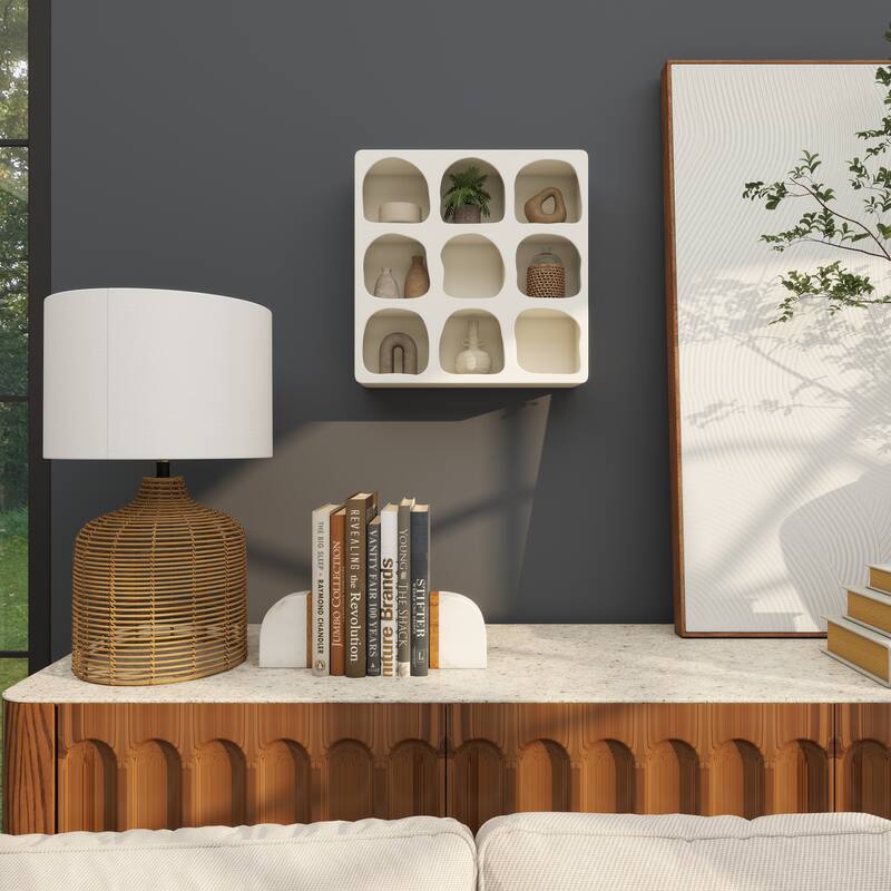 Cream or Black Wood 9 Shelf Geometric Room Wall Shelf