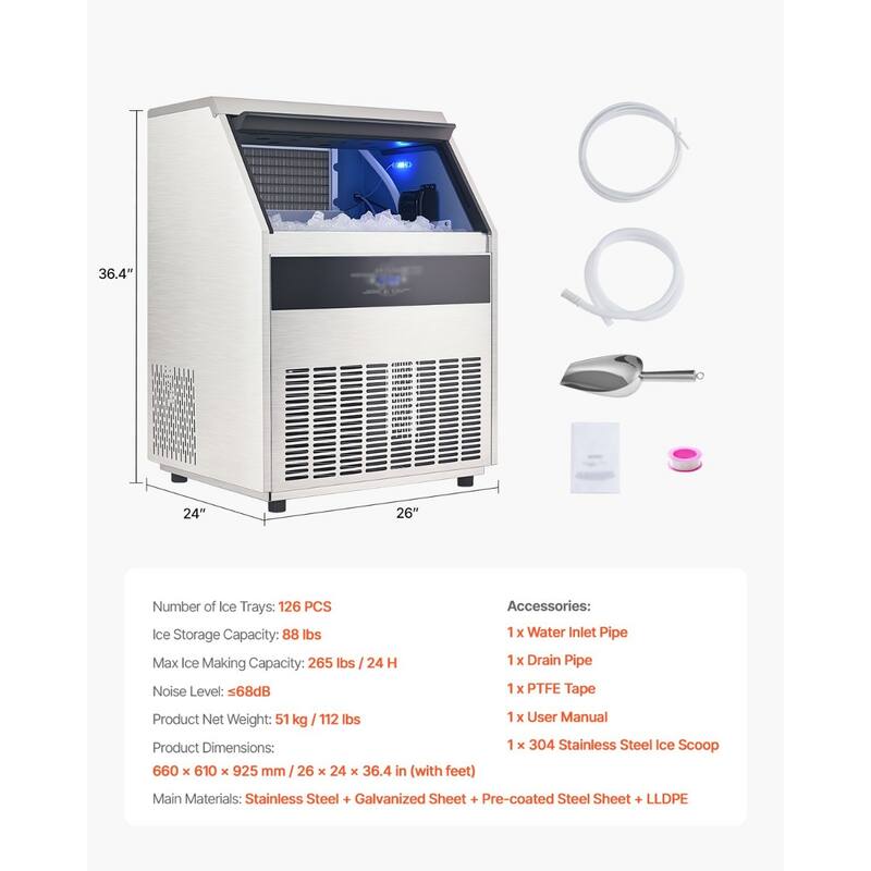 Silver Freestanding Ice Maker Machine with 88 lbs Storage and Self-Cleaning LED Digital Panel - 26 x 24 x 36.4 in