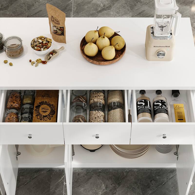 Modern Kitchen Island Buffet Cabinet with Storage Drawers and Tempered Glass Shelves, White Sideboard Cupboard