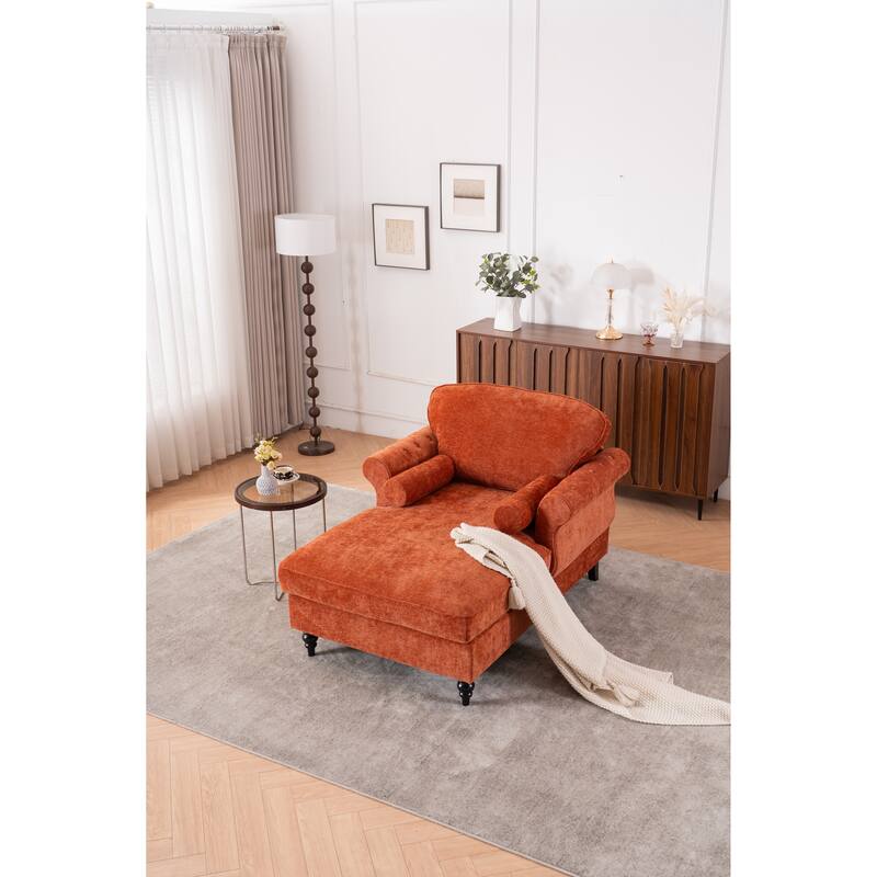 Oversized Chaise Lounge Indoor,Chenille Single Sofa Bed with Wide Seat,Upholstered Lazy Sleeper Armchair,Reading Couch Set - Orange