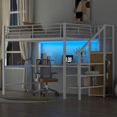White Full Size Metal Loft Bed - Desk, Storage Staircase, Small Wardrobe & LED Light - Space-Saving