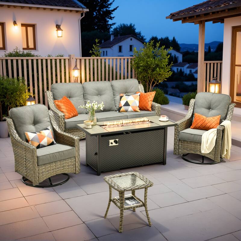 XIZZI 5-Piece Wicker Patio Furniture Set with Sofa, Swivel Chairs & Fire Pit - Dark Grey