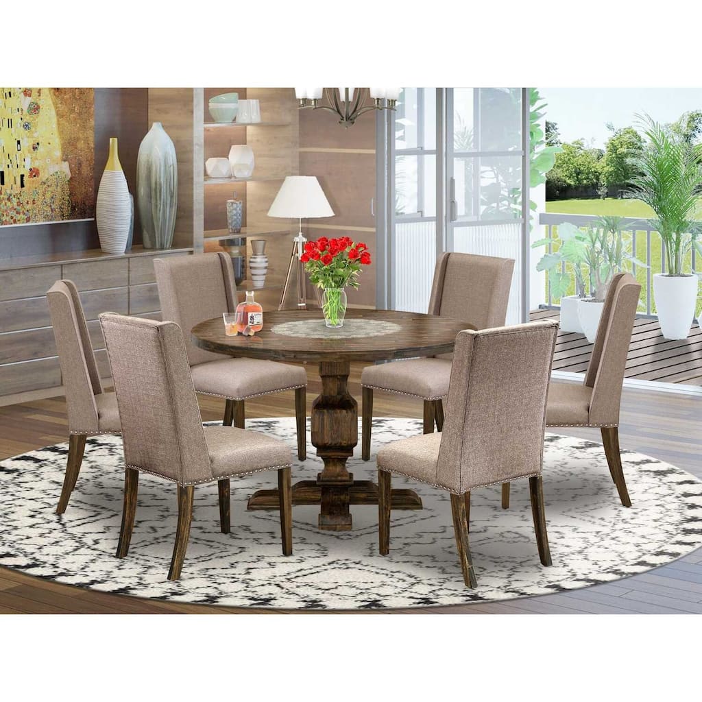 HomeStock 3-Piece Distressed Jacobean Finish Solid Wood Top Dining Table with 2-Upholstered Chairs
