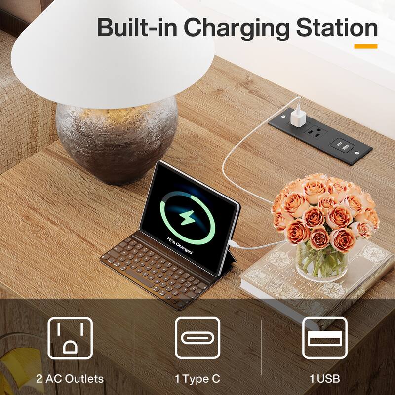 Farmhouse End Side Table with Charging Station & LED Light