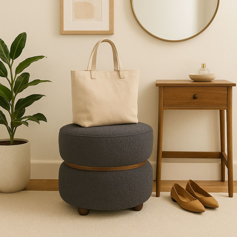 Double Pouf Round Upholstered Vanity Stool and Ottoman Foot Rest
