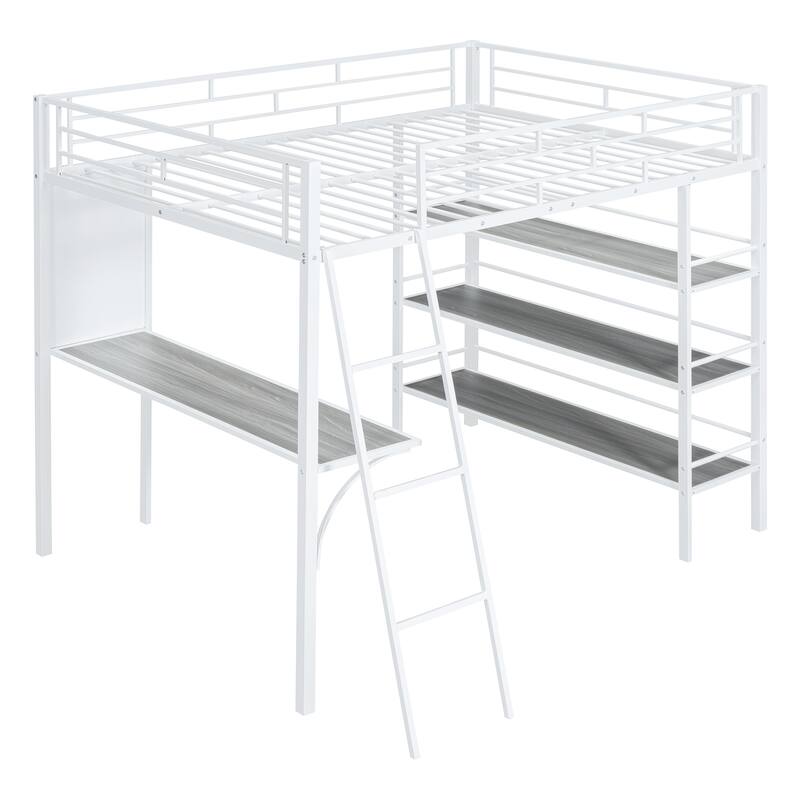 Stylish Loft Metal Bed with 3-Layer Shelves, Built-in Desk & Whiteboard - Modern Frame Design