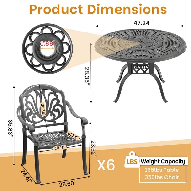 7-Piece Cast Aluminum Outdoor Dining Set with 47.24 in. Round Table and Seat Cushions