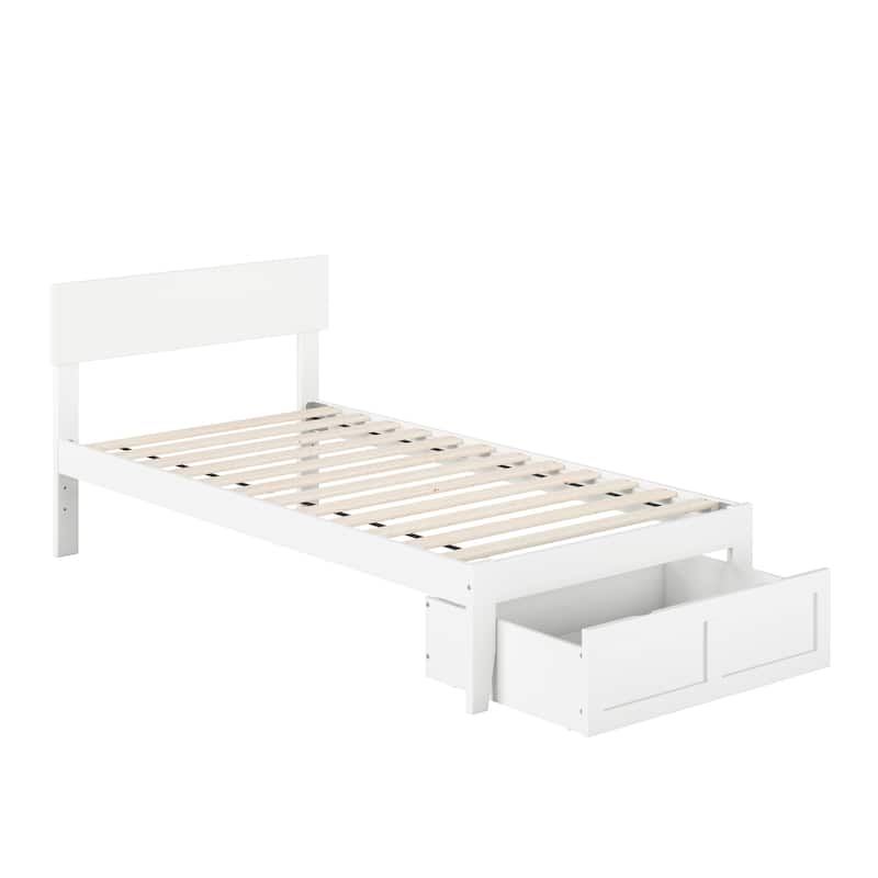 Twin Bed with Drawer - Modern Design, Walnut Finish, Slat Kit Included, No Box Spring Needed