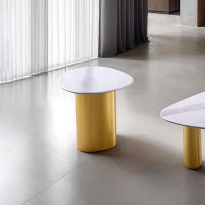 Furniture of America Luvien Modern White Sintered Stone Top End Table with Gold Pedestal Base