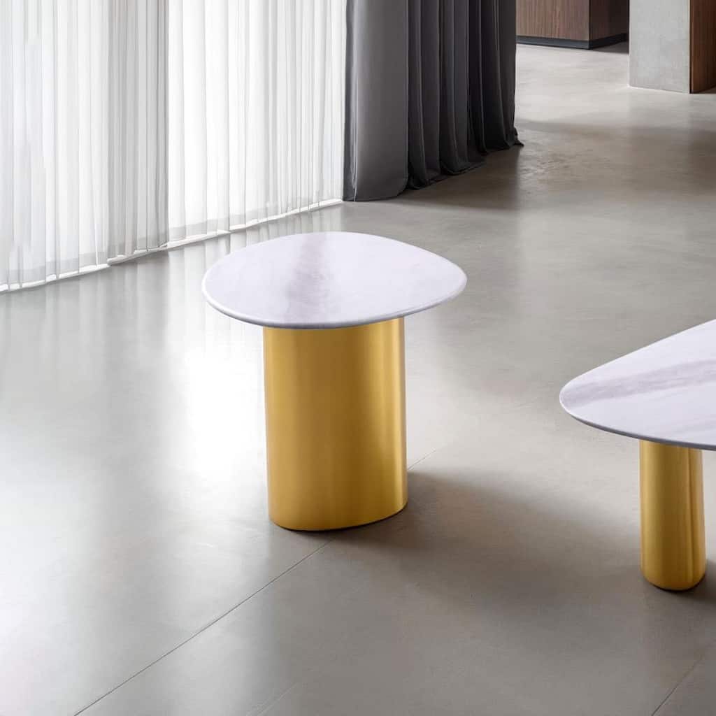 Furniture of America Luvien Modern White Sintered Stone Top End Table with Gold Pedestal Base