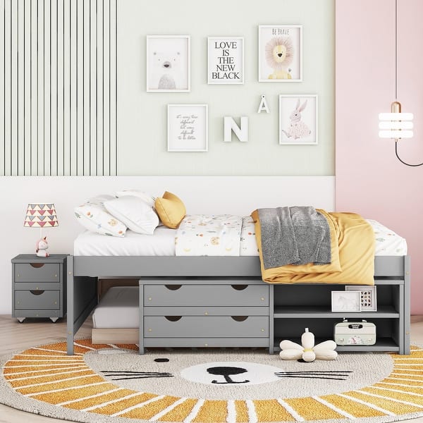 slide 2 of 12, Full Size Platform Bed Frame & Twin Trundle, Multi-Functional Kids Bed Grey - Full