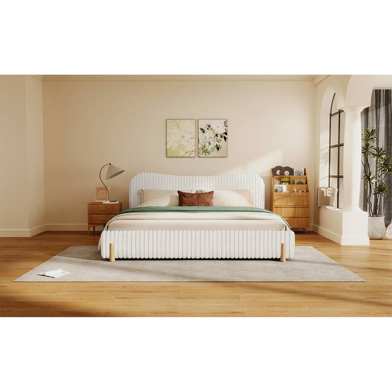 Roomfitters White Boucle Upholstered Bed, Wavy Headboard with Vertical Stitching