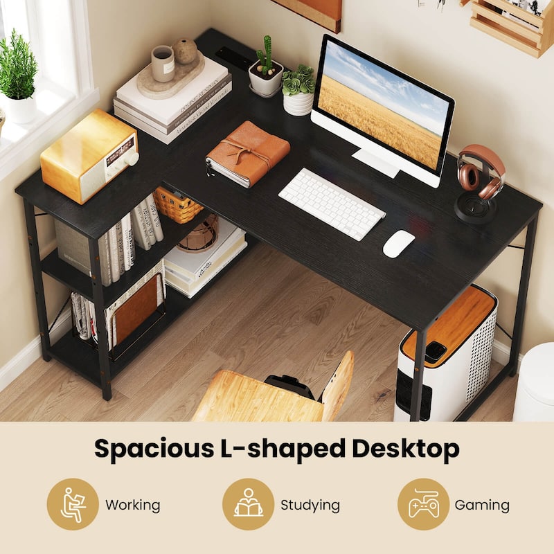 Costway L-Shaped Computer Desk with Power Outlets Adjustable shelf