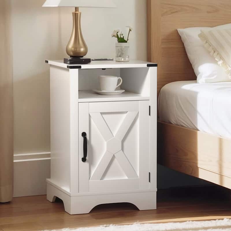 Farmhouse Nightstand with Charging Station and Barn Door - White