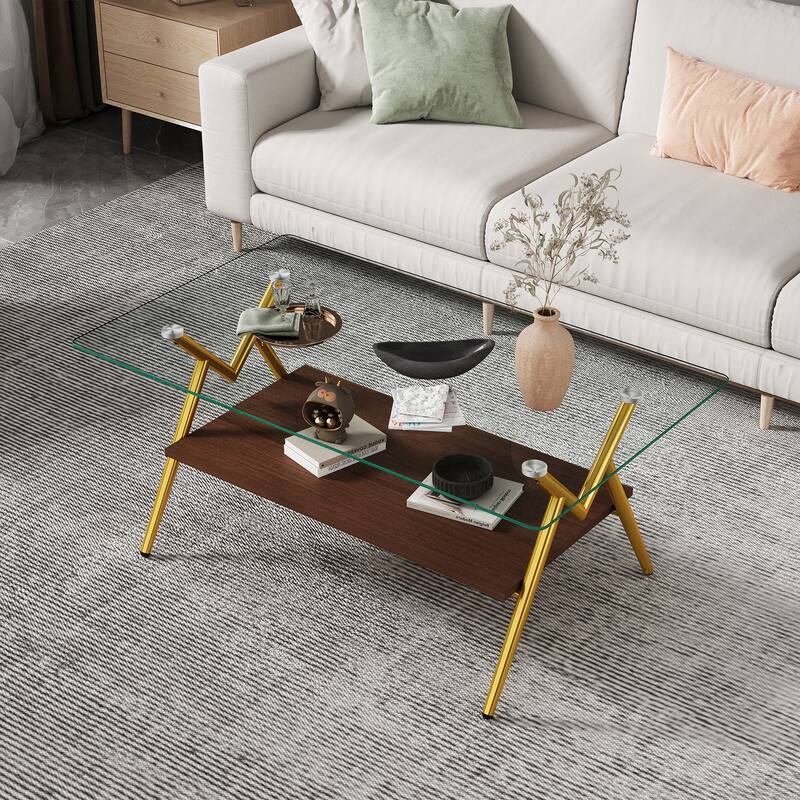 Rectangle Coffee Table with Tempered Glass Top and Shelf