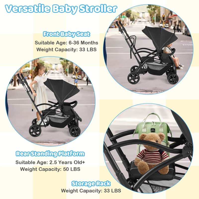 Babyjoy Sit & Stand Double Stroller with Adjustable Handle Bar - See Details