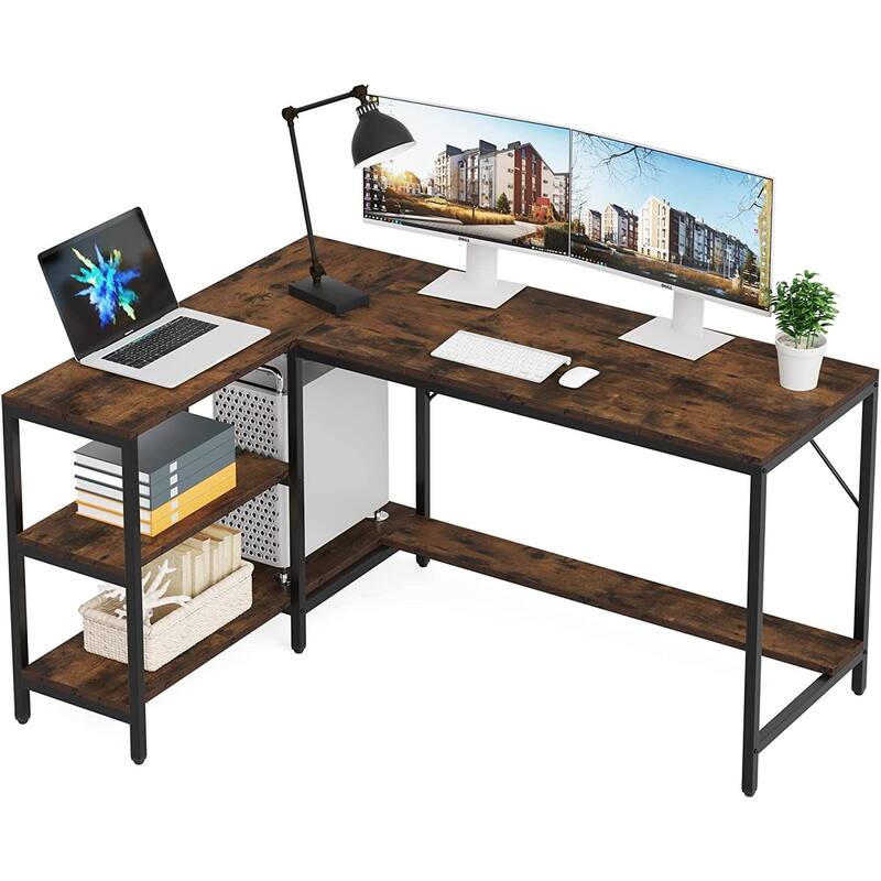 L Shaped Desk, Reversible Computer Desk Gaming Desk for Home Office Workstation, Rustic Brown