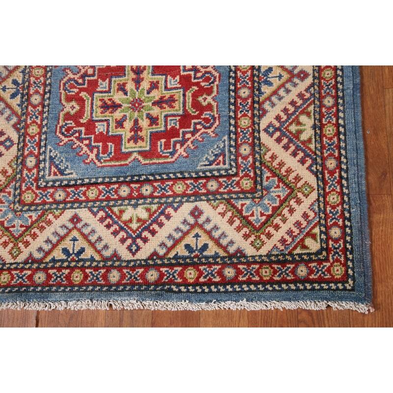 Blue Geometric Kazak Runner Rug Hand-Knotted Wool Carpet - 2'9" x 11'3"