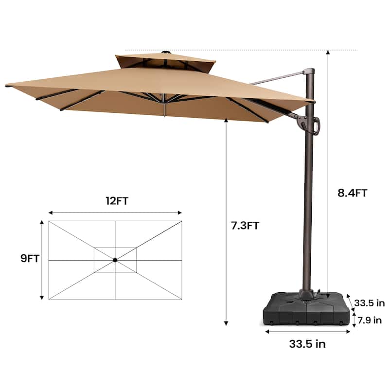 9 FT x 12 FT Outdoor Patio Dual Top Umbrella Cantilever Offset with Base