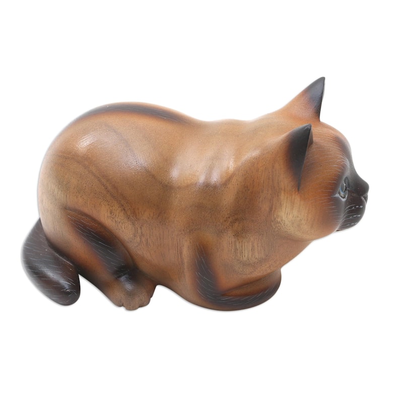 Novica Handmade Fat Cat In Brown Wood Statuette