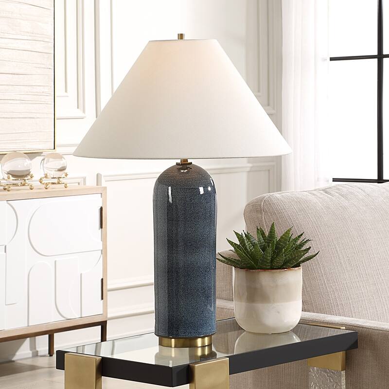 Hand-Spun Glazed Ceramic Table Lamp with Drum Shade - 27.75" - Blue