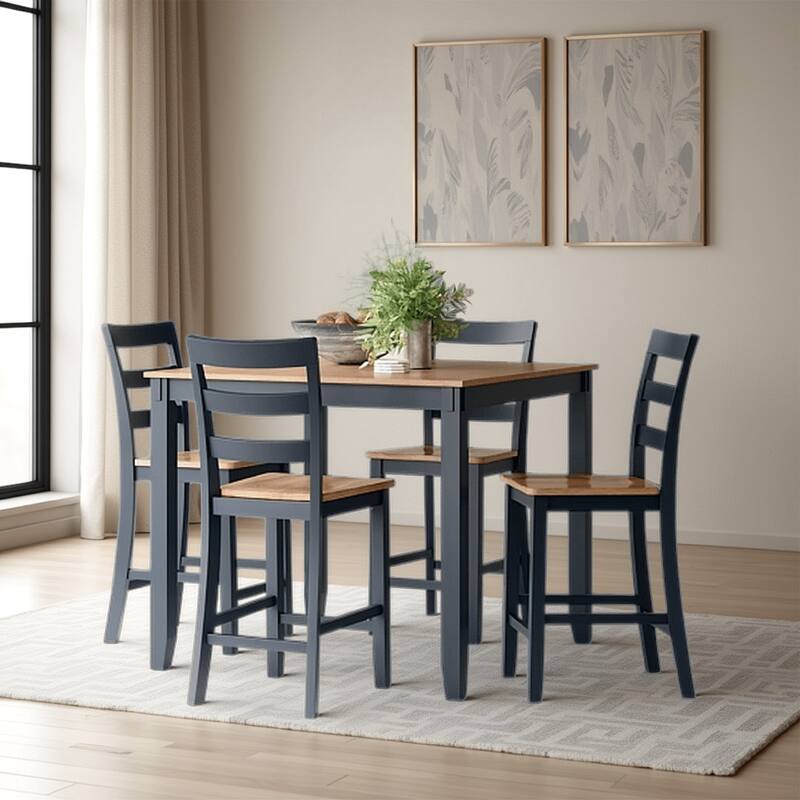 Gasy Counter Height Dining Table Set, 4 Chairs, Blue and Brown Wood