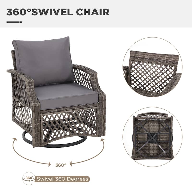 Outdoor Wicker Patio Set w Swivel Chairs & Sofa, Ottomans and Tables, Modular 3/5/6/7-Piece, All-Weather Conversation Set.