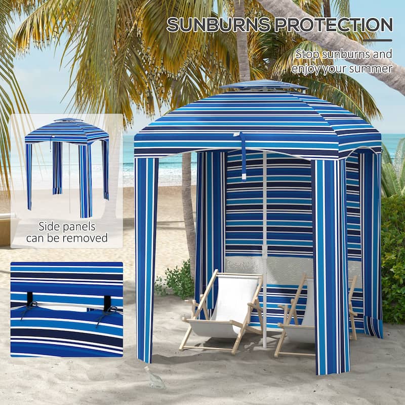5.8' x 5.8' Portable Beach Cabana Umbrella with Double Canopy, Vents & Sandbags, Blue Stripe