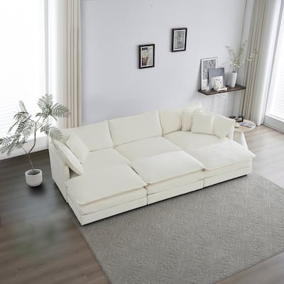 Comfortable 6 Seater U Shaped Sectional Sofa with 3 Ottomans and Pillows, White Foam