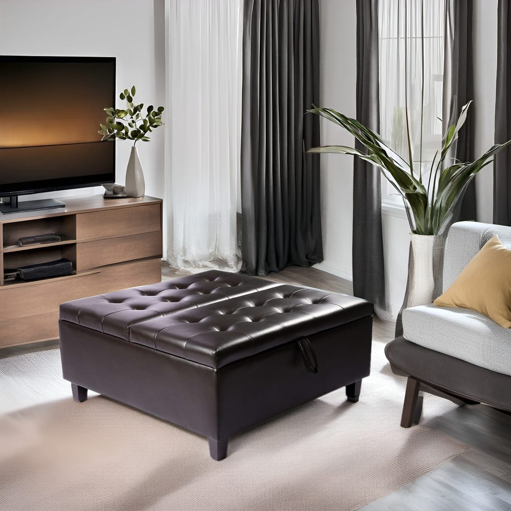 35" Tufted Air Leather Ottoman Bench with Lift-Top & Storage Table